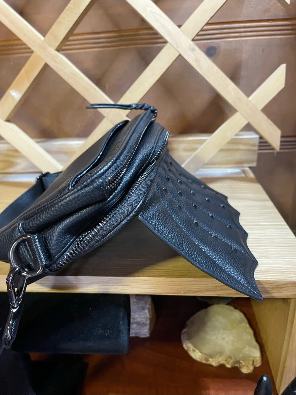 RadRev Edgy Crossbody in Black / Studded Batwing Scalloped Magnetic Flap